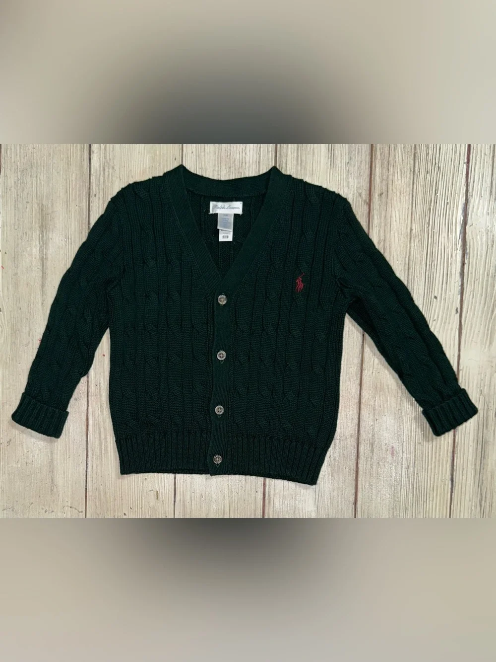 Ralph Lauren Hunter green cable knit V neck cardigan sweater boys 24m cotton